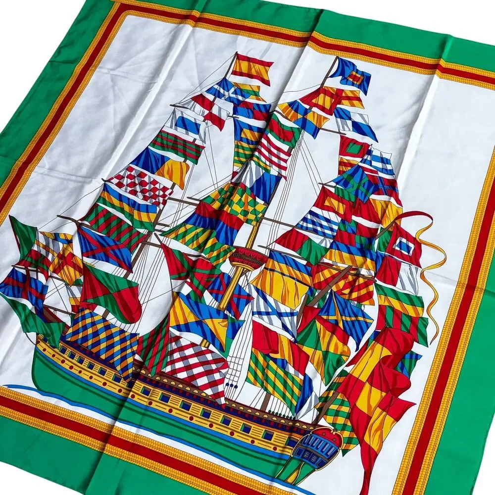 Vintage silky scarf multicolor green white sailing ship flagship motif colorful